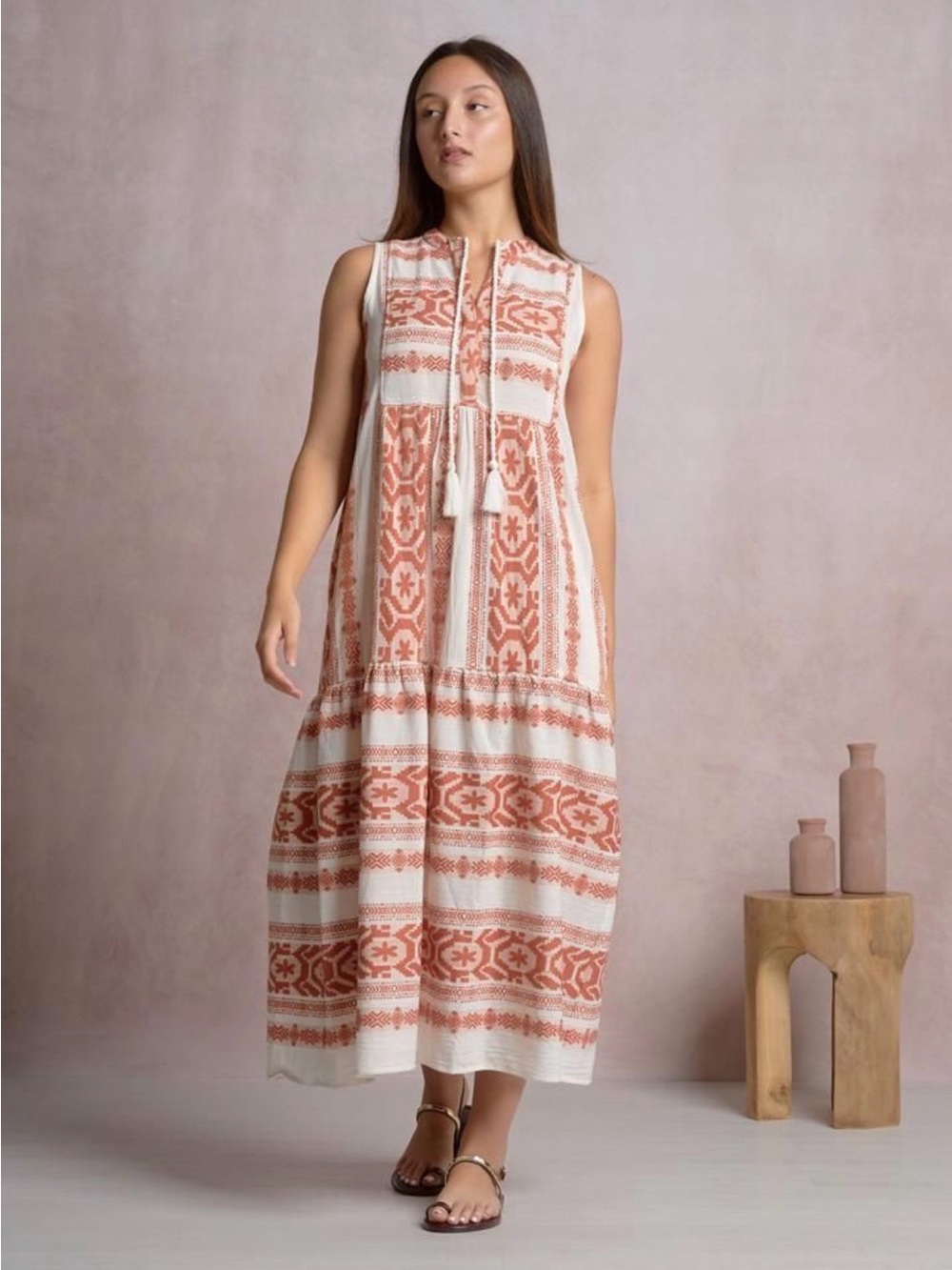 Elan White and Rust-Patterned Sleeveless Boho Maxi Dress